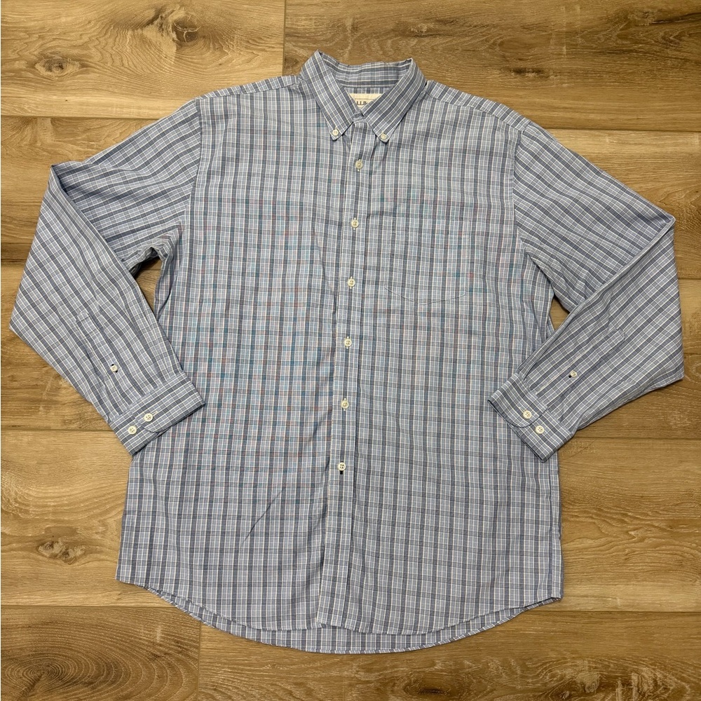 L.L. Bean Mens Trim Fit Button Down Shirt Large Blue Plaid Cotton Long Sleeve